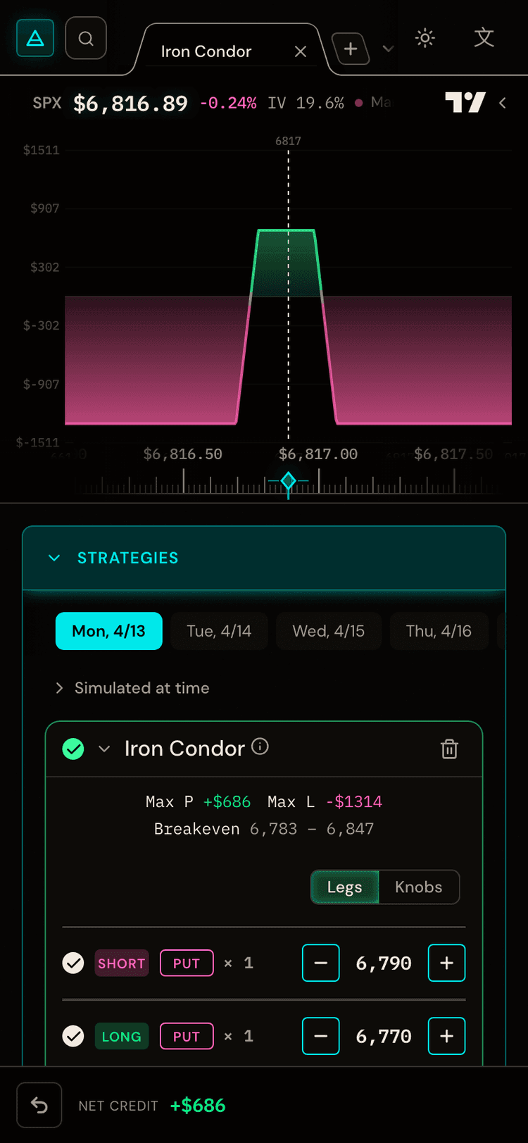 Strategy simulator with payoff diagram